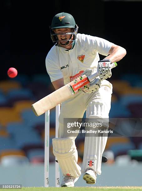 George Bailey of Tasmania bats during day one of the Sheffield Shield match between Queensland and Tasmania at The Gabba on February 14, 2016 in...