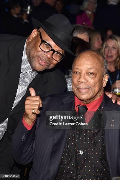 Producer Jimmy Jam and musician Quincy Jones attend the 2016 MusiCares Person of the Year honoring Lionel Richie at the Los Angeles Convention Center...