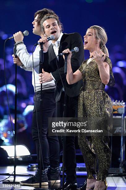 Recording artists Neil Perry, Reid Perry and Kimberly Perry of The Band Perry perform onstage during the 2016 MusiCares Person of the Year honoring...