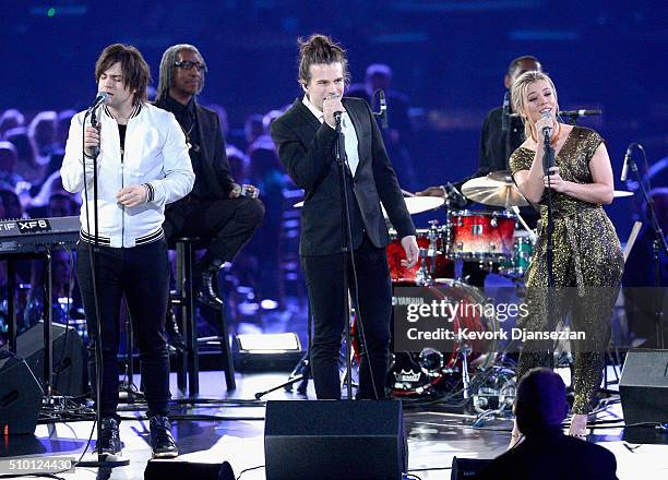 Recording artists Neil Perry, Reid Perry and Kimberly Perry of The Band Perry perform onstage during the 2016 MusiCares Person of the Year honoring...