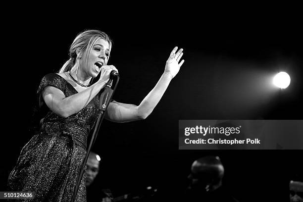 Editor's Note: This image was shot in black and white.] Singer Kimberly Perry of The Band Perry performs onstage during the 2016 MusiCares Person of...