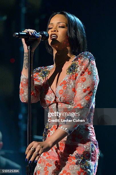 Singer Rihanna performs onstage during the 2016 MusiCares Person of the Year honoring Lionel Richie at the Los Angeles Convention Center on February...