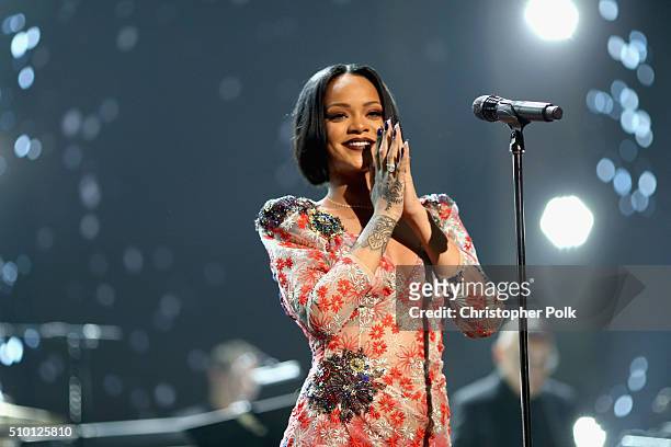 Singer Rihanna performs onstage during the 2016 MusiCares Person of the Year honoring Lionel Richie at the Los Angeles Convention Center on February...