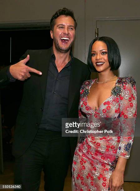 Singers Luke Bryan and Rihanna attend the 2016 MusiCares Person of the Year honoring Lionel Richie at the Los Angeles Convention Center on February...