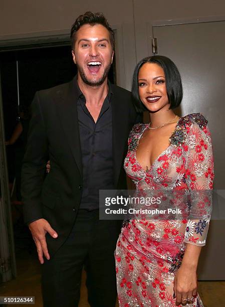 Singers Luke Bryan and Rihanna attend the 2016 MusiCares Person of the Year honoring Lionel Richie at the Los Angeles Convention Center on February...