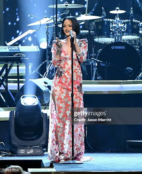 Singer Rihanna performs onstage at the 2016 MusiCares Person of the Year honoring Lionel Richie at the Los Angeles Convention Center on February 13,...