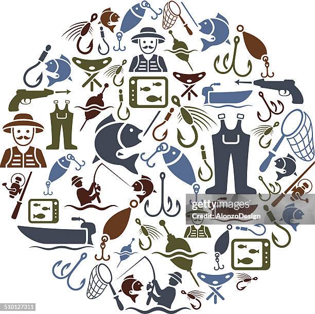 ilustraciones, imágenes clip art, dibujos animados e iconos de stock de collage de pesca - pescar