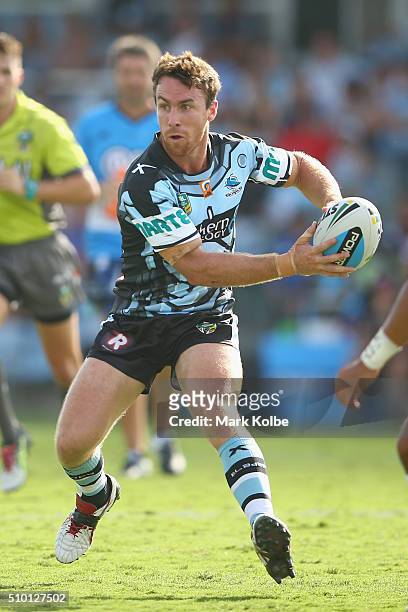 James Maloney of the Sharks looks to pass during the NRL Trial match between the Cronulla Sharks and the Manly Sea Eagles at Remondis Stadium on...