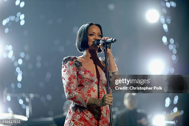 Singer Rihanna performs onstage during the 2016 MusiCares Person of the Year honoring Lionel Richie at the Los Angeles Convention Center on February...