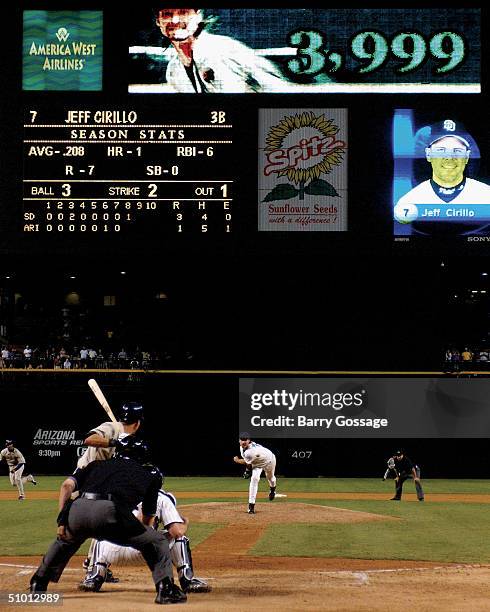 Randy Johnson of the Arizona Diamondbacks strikes out Jeff Cirillo of the San Diego Padres to record his 4,000th career strike out during the eighth...