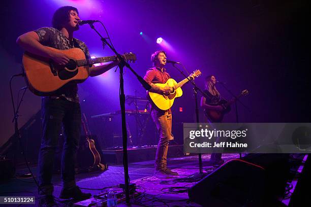 Singer/guitarists Elijah Edwards , Mason Van Valin and Megan McAllister of Fairground Saints at The Fillmore Charlotte on February 13, 2016 in...