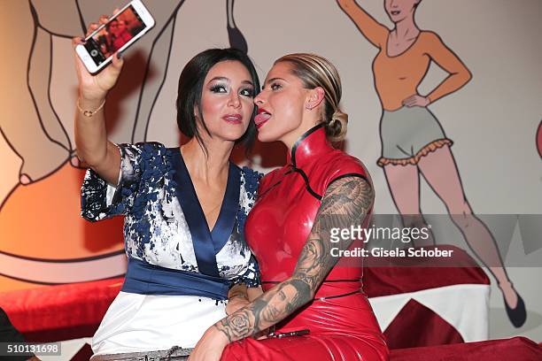 Verona Pooth and Sophia Thomalla making a selfie during the Bild 'Place to B' Party at Borchardt during the 66th Berlinale International Film...