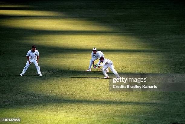 Chris Hartley of Queensland wicketkeeps during day one of the Sheffield Shield match between Queensland and Tasmania at The Gabba on February 14,...