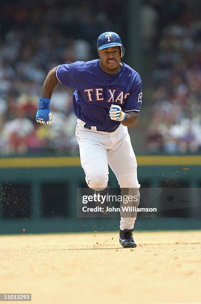 Right fielder Brian Jordan of the Texas Rangers runs the baseline during the MLB game against the Detroit Tigers at Ameriquest Field in Arlington on...