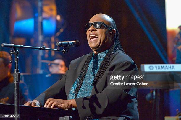 Singer Stevie Wonder performs onstage during the 2016 MusiCares Person of the Year honoring Lionel Richie at the Los Angeles Convention Center on...
