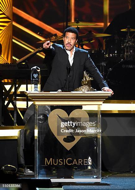 Honoree Lionel Richie accepts award onstage at the 2016 MusiCares Person of the Year honoring Lionel Richie at the Los Angeles Convention Center on...
