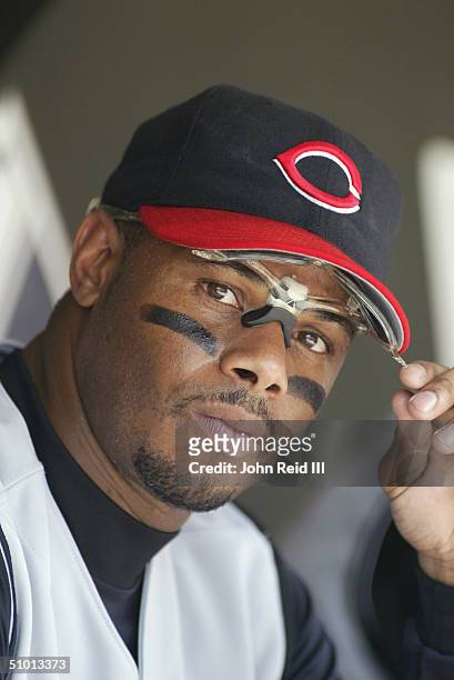 Ken Griffey Jr. Of the Cincinnati Reds looks on from the dugout during the MLB game against the Cleveland Indians on June 13, 2004 at Jacobs Field in...