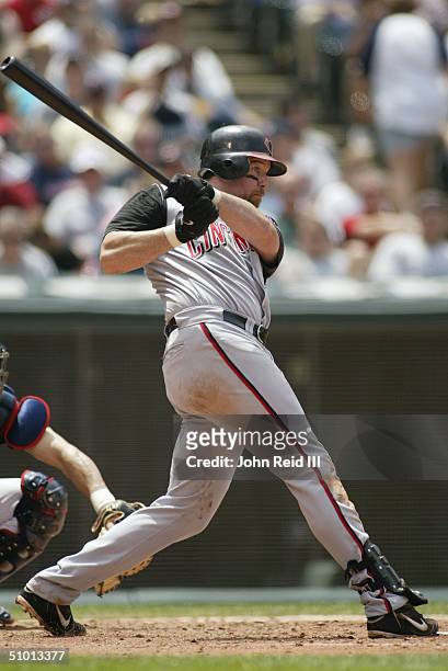 Sean Casey of the Cincinnati Reds bats against the Cleveland Indians during the MLB game on June 13, 2004 at Jacobs Field in Cleveland, Ohio. The...