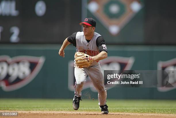 Second baseman Ryan Freel of the Cincinnati Reds runs to field the ball during the MLB game against the Cleveland Indians on June 13, 2004 at Jacobs...