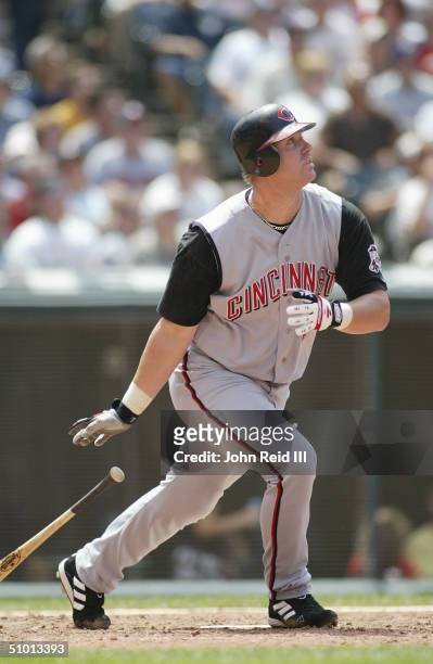 Adam Dunn of the Cincinnati Reds bats against the Cleveland Indians during the MLB game on June 13, 2004 at Jacobs Field in Cleveland, Ohio. The...