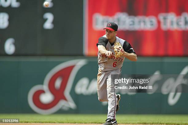 Second baseman Ryan Freel of the Cincinnati Reds throws the ball to first base during the MLB game against the Cleveland Indians on June 13, 2004 at...