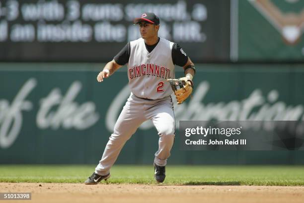 Shortstop Felipe Lopez of the Cincinnati Reds looks to field the ball during the MLB game against the Cleveland Indians on June 13, 2004 at Jacobs...