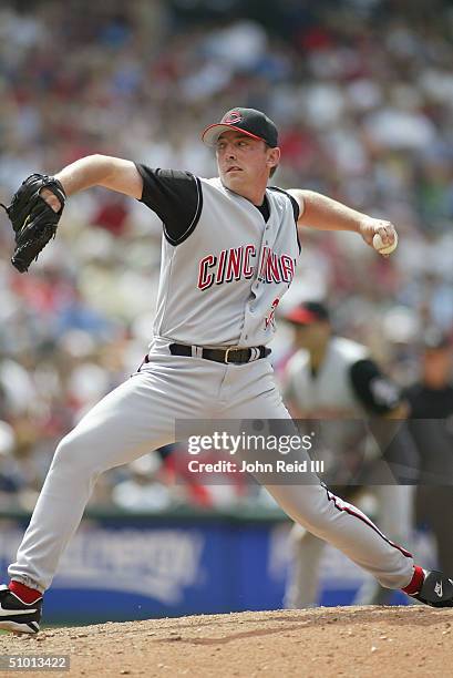 Mike Matthews of the Cincinnati Reds pitches against the Cleveland Indians during the MLB game on June 13, 2004 at Jacobs Field in Cleveland, Ohio....