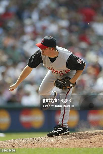 John Riedling of the Cincinnati Reds pitches against the Cleveland Indians during the MLB game on June 13, 2004 at Jacobs Field in Cleveland, Ohio....