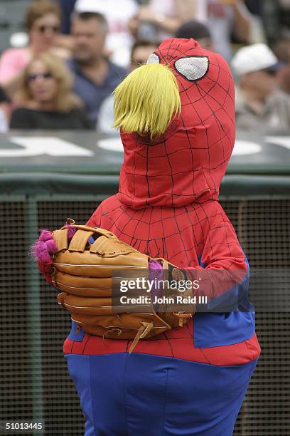 Mascot with a spiderman costume wears a giant sized glove as he looks on during the MLB game between the Cincinnati Reds and the Cleveland Indians on...