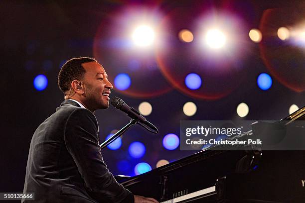 Singer John Legend performs onstage during the 2016 MusiCares Person of the Year honoring Lionel Richie at the Los Angeles Convention Center on...