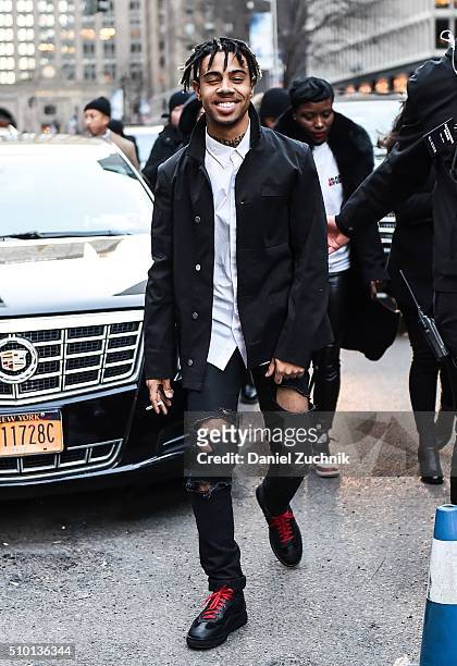 Rapper Vic Mensa is seen outside the Alexander Wang show during New York Fashion Week: Women's Fall/Winter 2016 on February 13, 2016 in New York City.