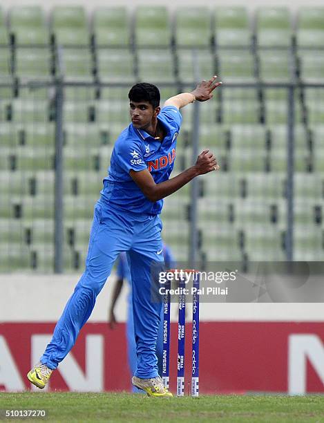 Washington Sundar of India bowls during the ICC U19 World Cup Final Match between India and West Indies on February 14, 2016 in Dhaka, Bangladesh.