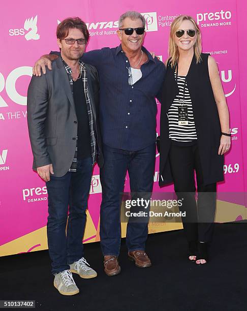 Jon Polson,Mel Gibson and Rebecca Gibney arrives ahead of Tropfest 2016 at Centennial Park on February 14, 2016 in Sydney, Australia.