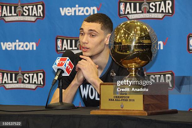 League's Minnesota Timberwolves player Zach LaVine gives a speech with his trophy during a press conference after he won he Verizon Slam Dunk Contest...