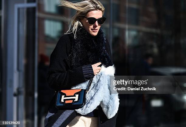 Sofie Valkiers is seen outside the Tibi show wearing a Tibi fur coat during New York Fashion Week: Women's Fall/Winter 2016 on February 13, 2016 in...