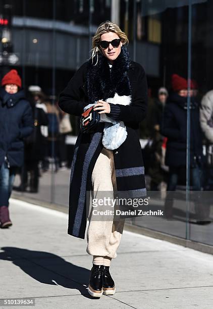 Sofie Valkiers is seen outside the Tibi show wearing a Tibi fur coat during New York Fashion Week: Women's Fall/Winter 2016 on February 13, 2016 in...