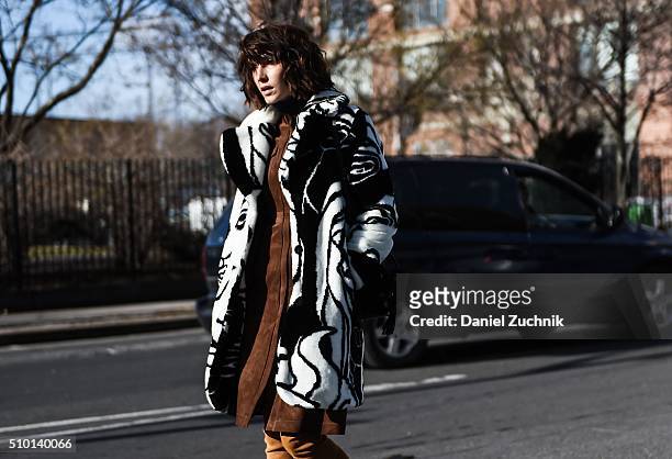Ania Boniecka s seen outside the Tibi show wearing Dawn Levey black and white print jacket and BCBG dress during New York Fashion Week: Women's...