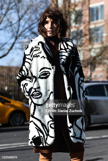 Ania Boniecka s seen outside the Tibi show wearing Dawn Levey black and white print jacket and BCBG dress during New York Fashion Week: Women's...