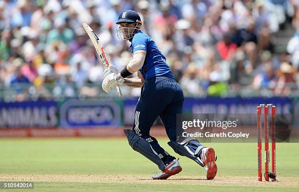 Alex Hales of England bats during the 5th Momentum ODI match between South Africa and England at Newlands Stadium on February 14, 2016 in Cape Town,...