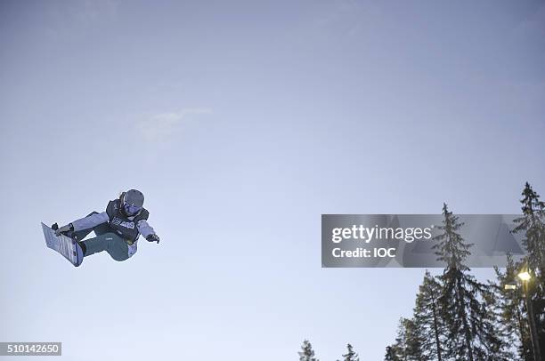 In this handout image supplied by the IOC, Emily Arthur of Australia competes in the Ladies' Snowboard Halfpipe Finals at Oslo Vinterpark Halfpipe...