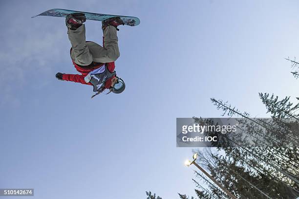 In this handout image supplied by the IOC, Chloe Kim of the United States competes in the Ladies' Snowboard Halfpipe Finals at Oslo Vinterpark...