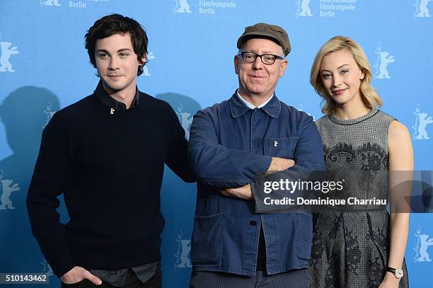 Actor Logan Lerman, director James Schamus and actress Sarah Gadon attend the 'Indignation' photo call during the 66th Berlinale International Film...