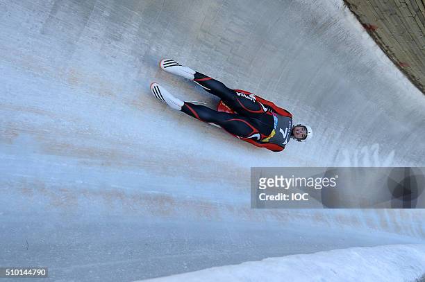 In this handout image supplied by the IOC, Kristers Aparjods of Latvia competes during the Men's Luge Singles at the Lillehammer Olympic Sliding...