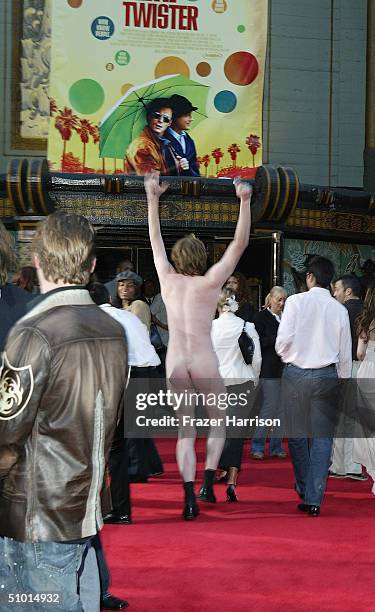 Man streaks down the red carpet during the arrivals at the World Premiere of "LA Twister" on June 30, 2004 at the Grauman's Chinese Theatre, in...