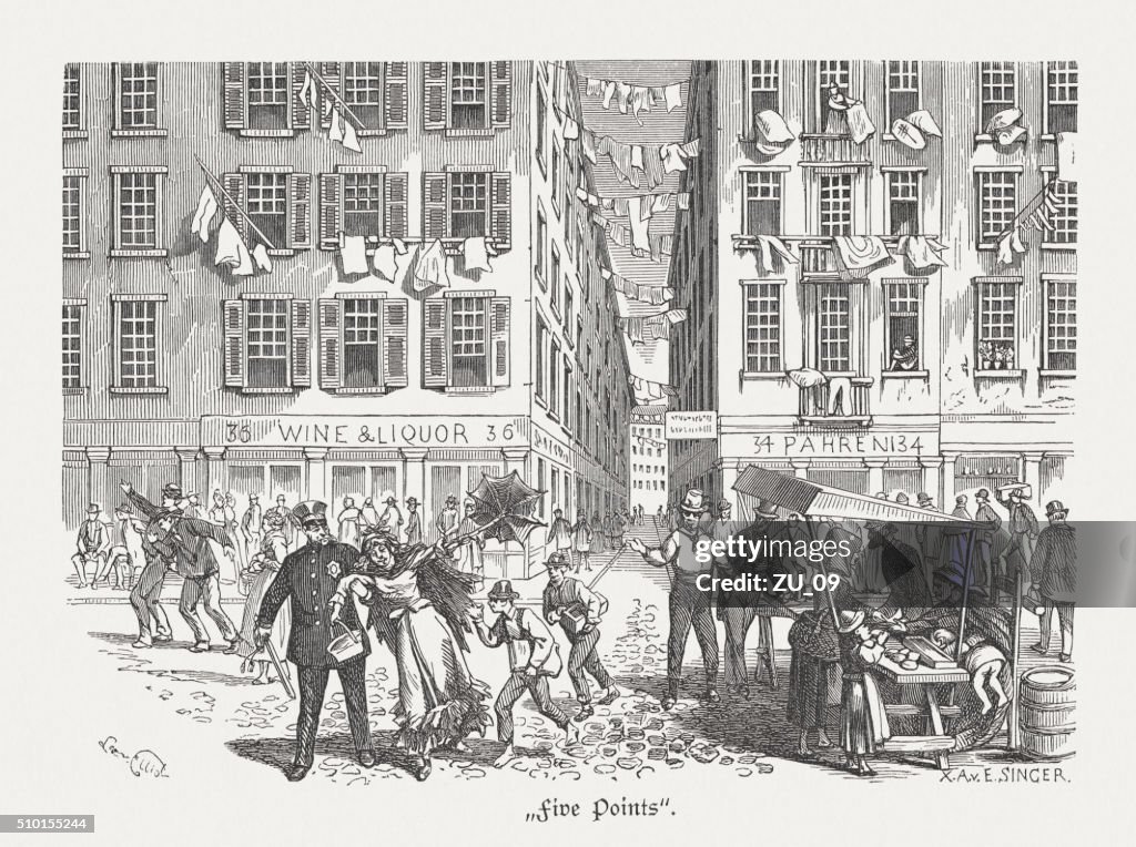 Cinco pontos, Manhatten, cidade de Nova Iorque, madeira, publicada 1880 (kit 1