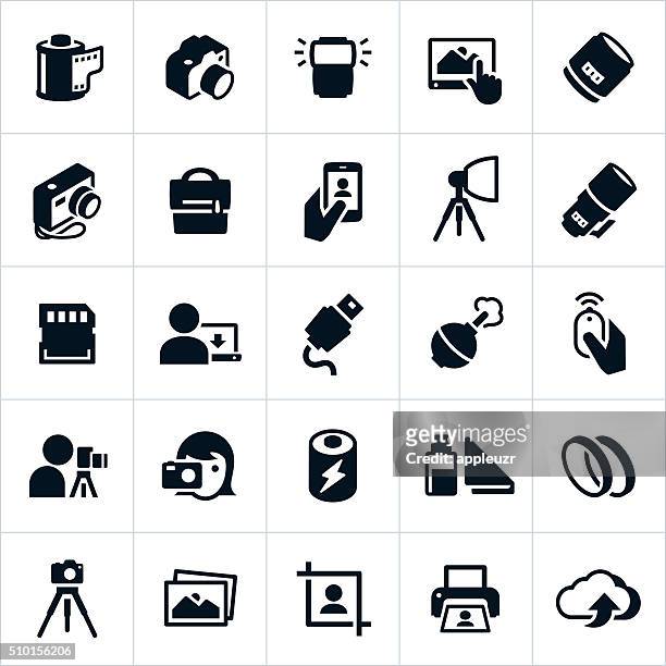 photography and camera icons - digital single lens reflex camera stock illustrations
