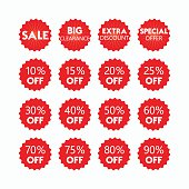 Red retail and shopping SALE and percentage tags icons set
