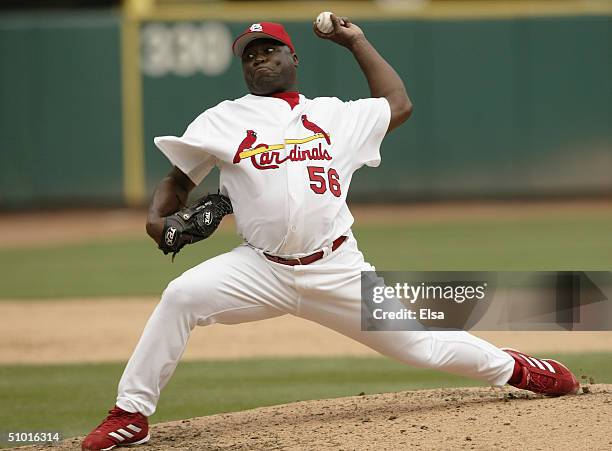 Ray King of the St. Louis Cardinals pitches during the game against the Chicago Cubs on May 3, 2004 at Busch Stadium in St. Louis, Missouri. The...