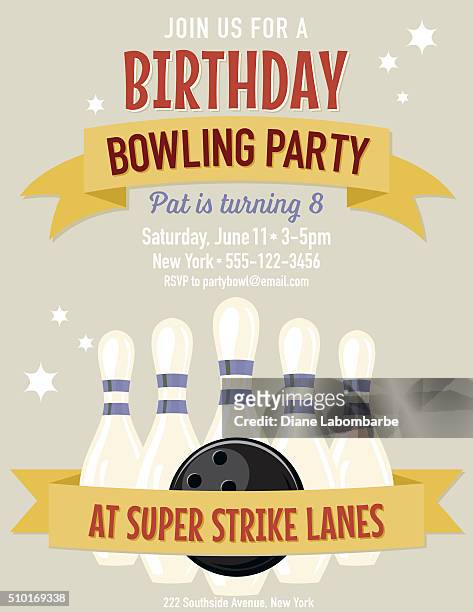 retro style bowling birthday party invitation template - bowling party stock illustrations