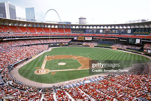 General view of Busch Stadium, home of the St. Louis Cardinals during a game against the Philadelphia Phillies on June 10, 1997 in St. Louis,...